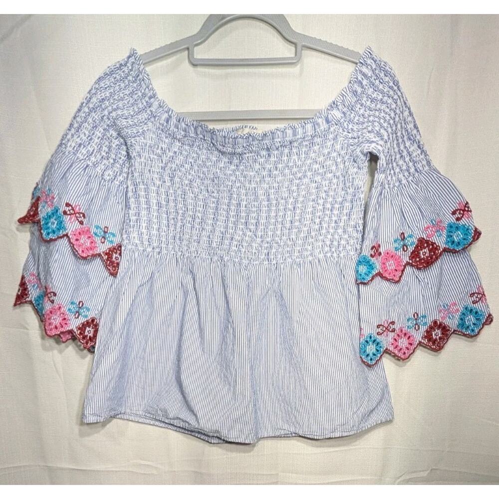 Loft Women's Off The Shoulder Blouse Sz S Embroidered Flare Sleeves Boho Smocked - Picture 1 of 8